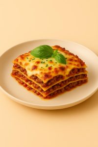 Lasagne fraîches Morini Pasta servies en portion gourmet avec sauce bolognaise riche et fromage gratiné doré.