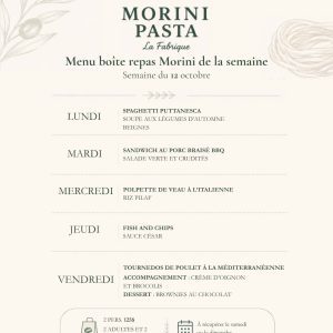 Menu de la boite repas Morini Pasta à Québec
