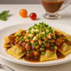 Ravioli poutine Morini servi avec sauce brune, fromage en grains et oignons verts