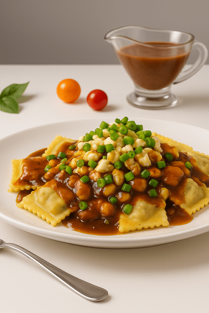 Ravioli poutine Morini servi avec sauce brune, fromage en grains et oignons verts