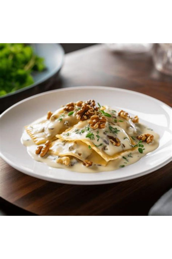 Assiette de ravioli aux champignons nappés de sauce gorgonzola crémeuse, décorés de noix et herbes fraîches.
