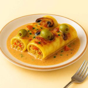 Cannelloni garnis de poulet, olives vertes et champignons, gratiné servis avec une sauce crémeuse