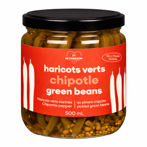 Pot de haricots verts chipotle Mi Corazón de 500 ml, haricots marinés au piment chipotle.