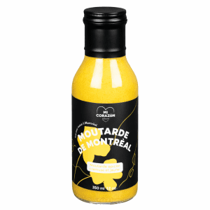 Bouteille de Moutarde de Montréal Mi Corazón format 350 ml, moutarde épicée jaune dans un emballage noir et jaune.