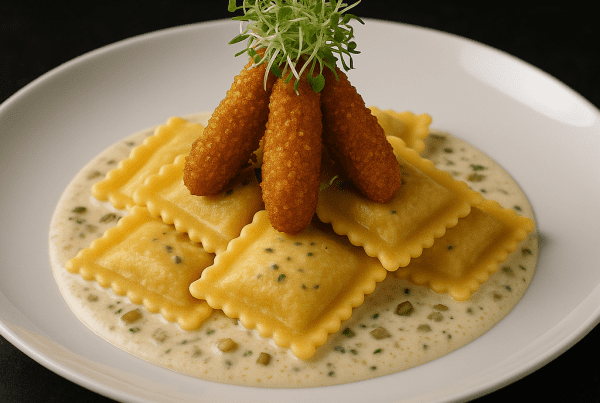 Assiette de ravioli dans une sauce charcutière crémeuse, garnis de trois cornichons frits croustillants et de pousses de luzerne