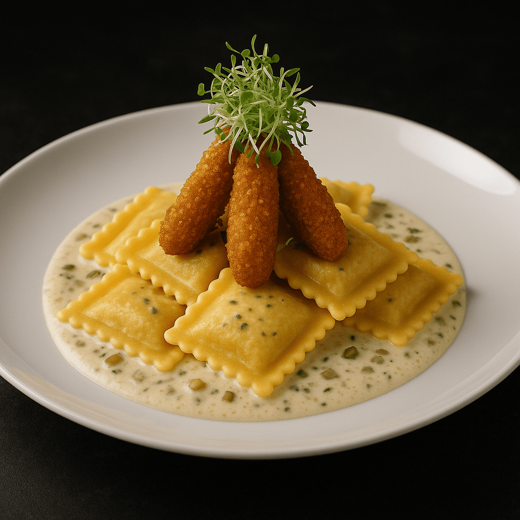Assiette de ravioli dans une sauce charcutière crémeuse, garnis de trois cornichons frits croustillants et de pousses de luzerne