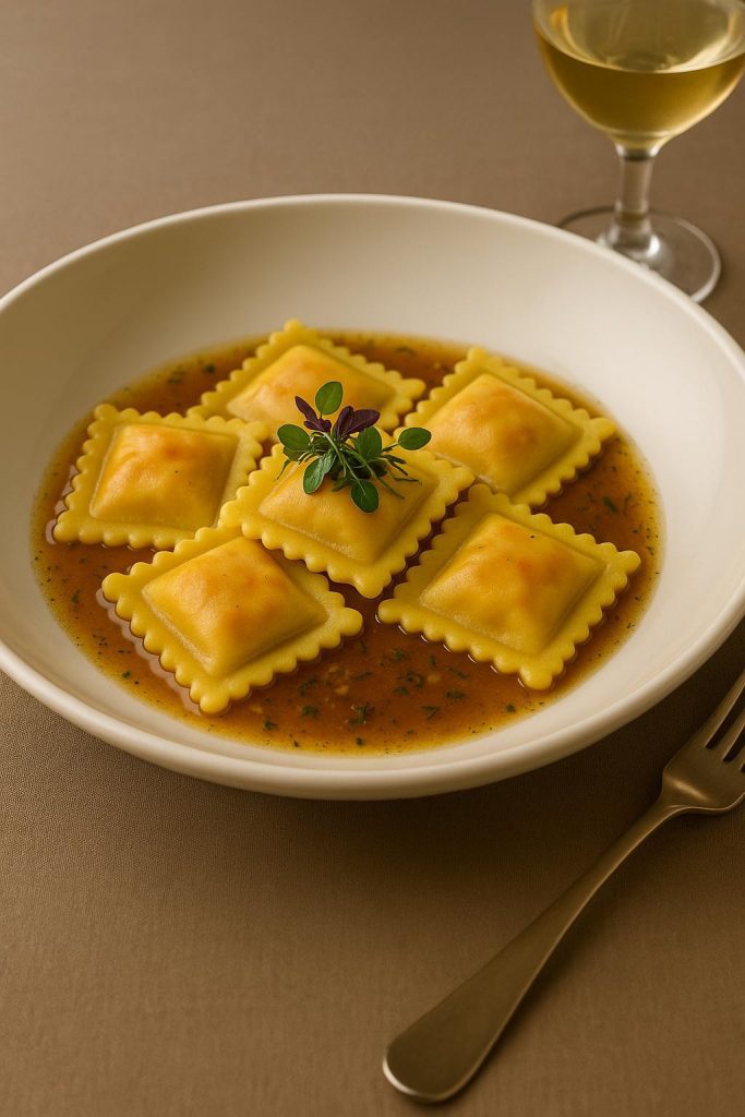 Ravioli Surf N Turf servis dans un bouillon raffiné – présentation gastronomique restaurant