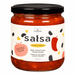 Pot de salsa medium Mi Corazón de 500 ml, avec maïs, haricots noirs et piment ancho, fait à Montréal.