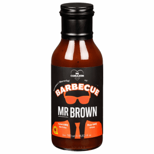 Bouteille de sauce BBQ Mr Brown de Mi Corazón, sauce barbecue artisanale à la bière, format 350 ml. Chez Morini Pasta
