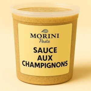 Sauce aux champignons maison Morini Pasta dans un contenant, texture crémeuse et saveur plus que délicieuse.