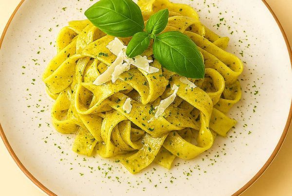 Assiette de tagliatelles au pesto garnies de basilic frais et copeaux de parmesan
