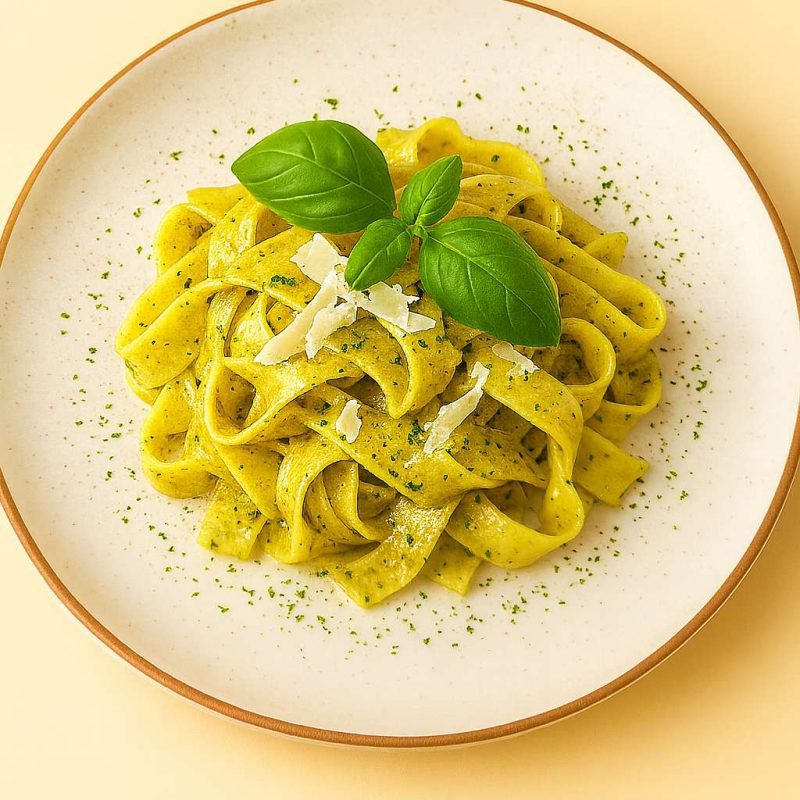 Assiette de tagliatelles au pesto garnies de basilic frais et copeaux de parmesan