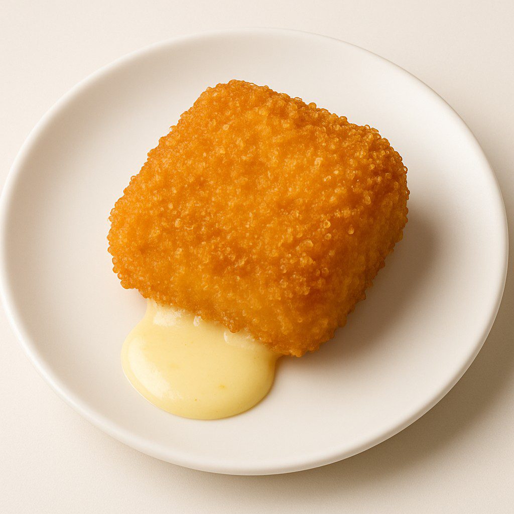 fondue_5 fromages_ Morini_Pasta Fondue 5 fromages panée croustillante avec fromage fondant qui coule sur une assiette blanche.