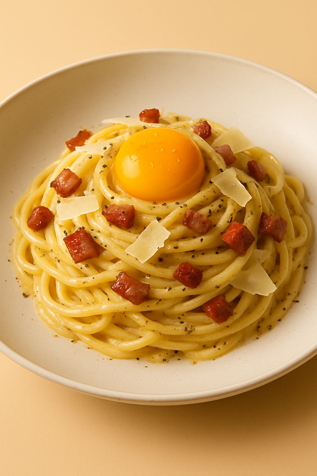 Assiette de linguini carbonara garnie d’un jaune d’œuf, pancetta et parmesan, présentation gastronomique.