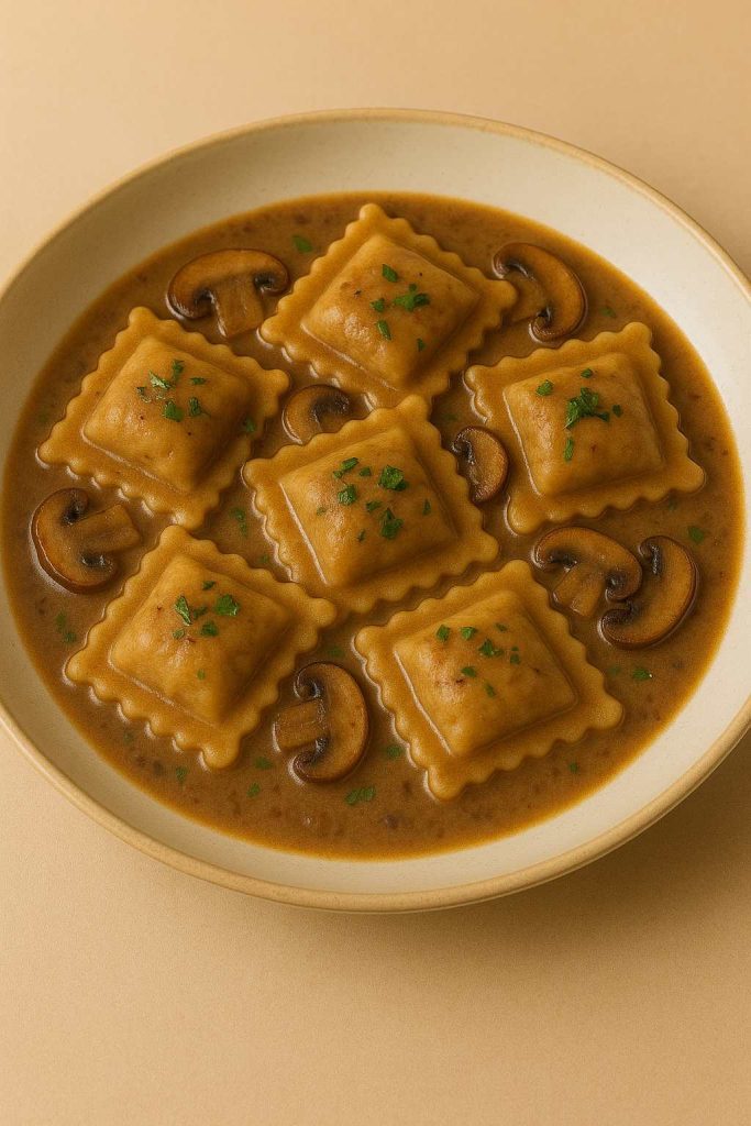 Plat de ravioli bœuf et champignons Morini Pasta servi dans une sauce crémeuse aux champignons avec persil frais.
