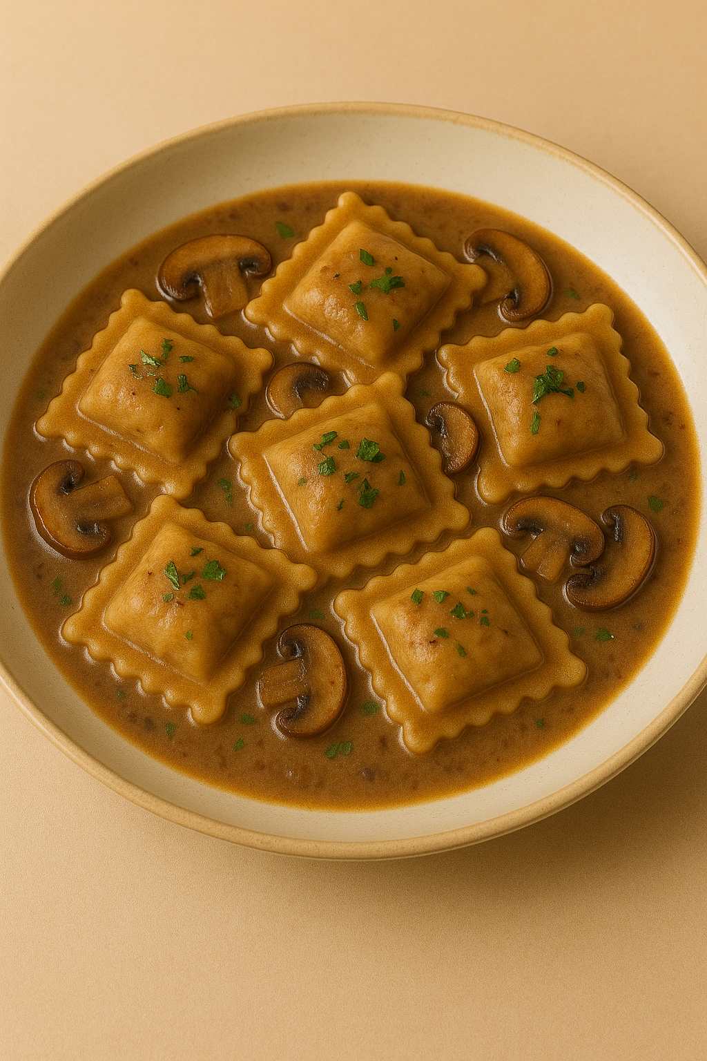 Plat de ravioli bœuf et champignons Morini Pasta servi dans une sauce crémeuse aux champignons avec persil frais.