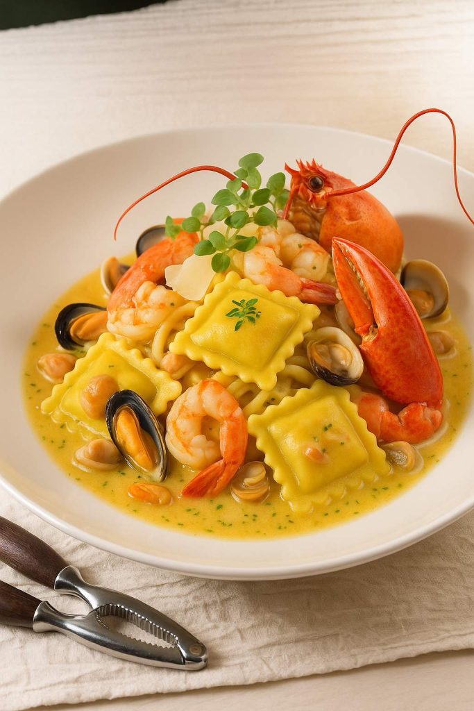 Assiette raffinée de ravioli bœuf tomates basilic servie en sauce fruits de mer avec homard, crevettes et moules, plat gourmet Morini Pasta.