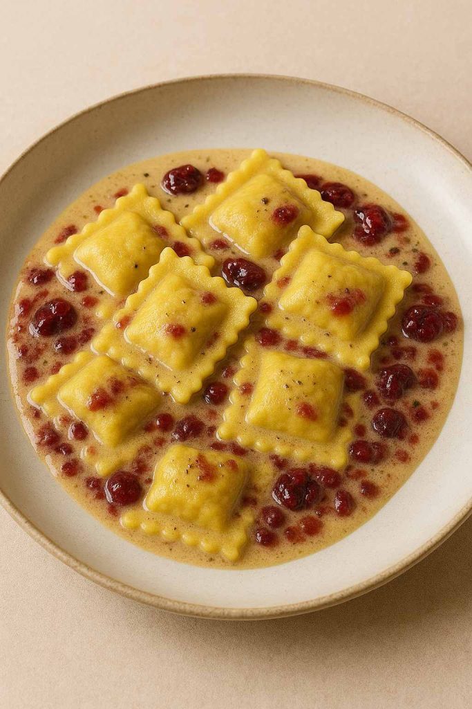 Plat de ravioli au canard confit servi avec une sauce au poivre et canneberges, présentation style restaurant étoilé.