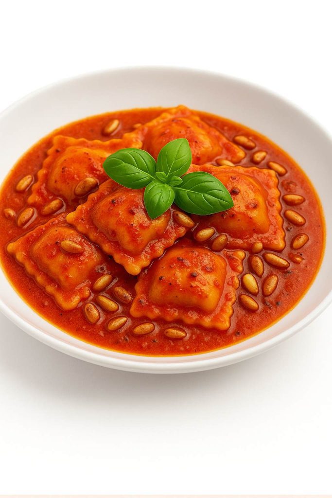 Plat de ravioli portugais nappés d’une sauce piri-piri légère avec pignons de pin grillés, présentation gourmet.