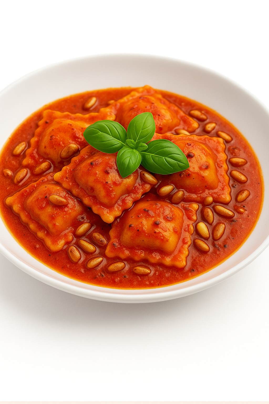 Plat de ravioli portugais nappés d’une sauce piri-piri légère avec pignons de pin grillés, présentation gourmet.