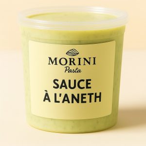 Contenant de sauce à l’aneth Morini Pasta, sauce fraîche et crémeuse.