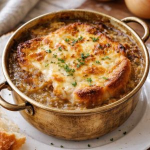 Soupe à l’oignon gratinée servie dans un bol doré avec fromage fondu – Morini Pasta